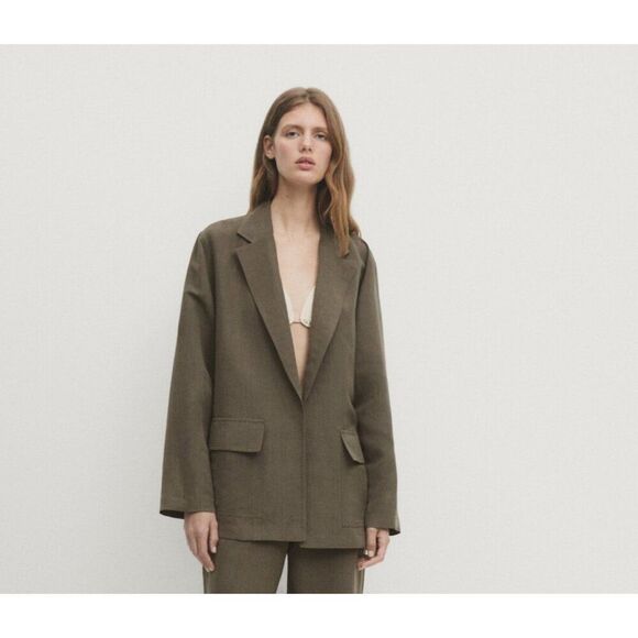 Massimo Dutti Womens Blazer Jacket Size M Linen Green Oversized 6092/904 NWT - Picture 1 of 11